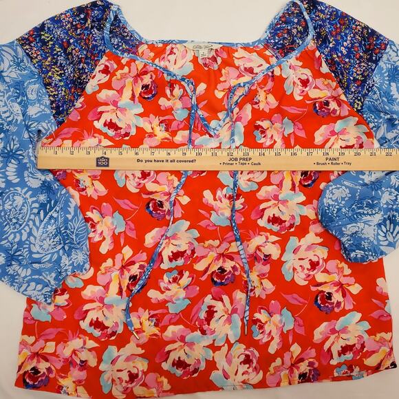 The Pioneer Woman Top S Mixed Floral Long Sleeve Boho Fairy Peasant Tie Shirt - Picture 3 of 7